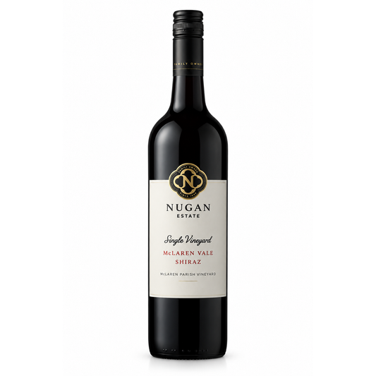 A bottle of Nugan Estate Shiraz from McLaren Vale, featuring a dark glass bottle with a cream-colored label and gold accents, set against a plain white background.