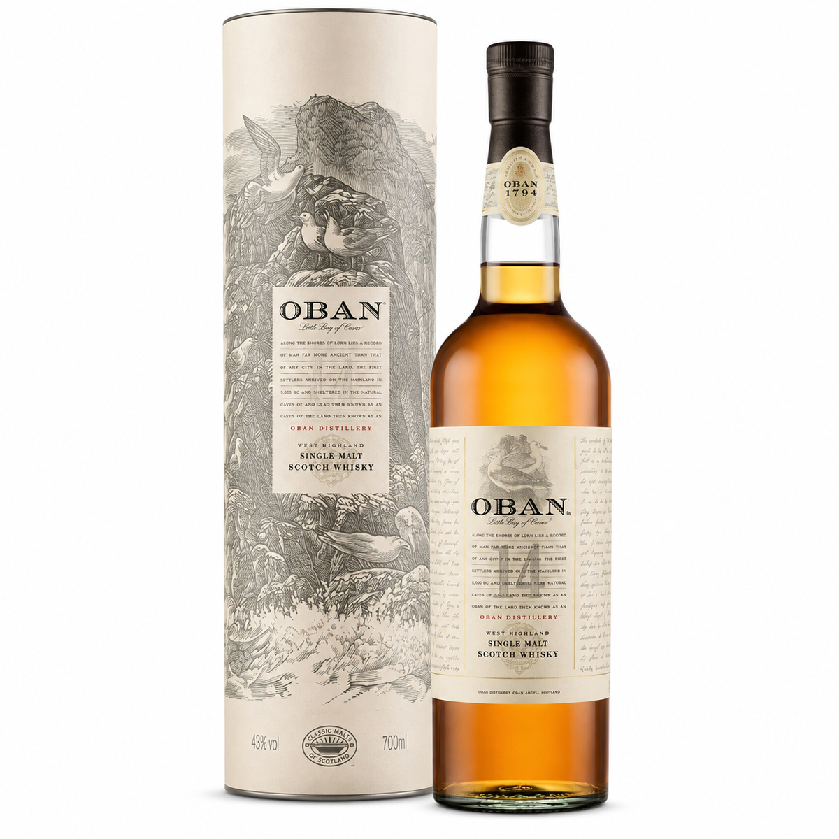 A bottle of Oban Single Malt Scotch Whisky stands next to its tall cylindrical packaging box on a plain white background. The bottle contains amber whisky and has a cream label with black text and illustration.