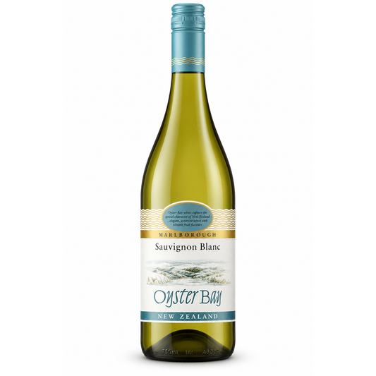 A bottle of Marlborough Oyster Bay Sauvignon Blanc New Zealand white wine, featuring a pale green glass bottle, a light blue foil capsule, and a white label with blue and gold accents.