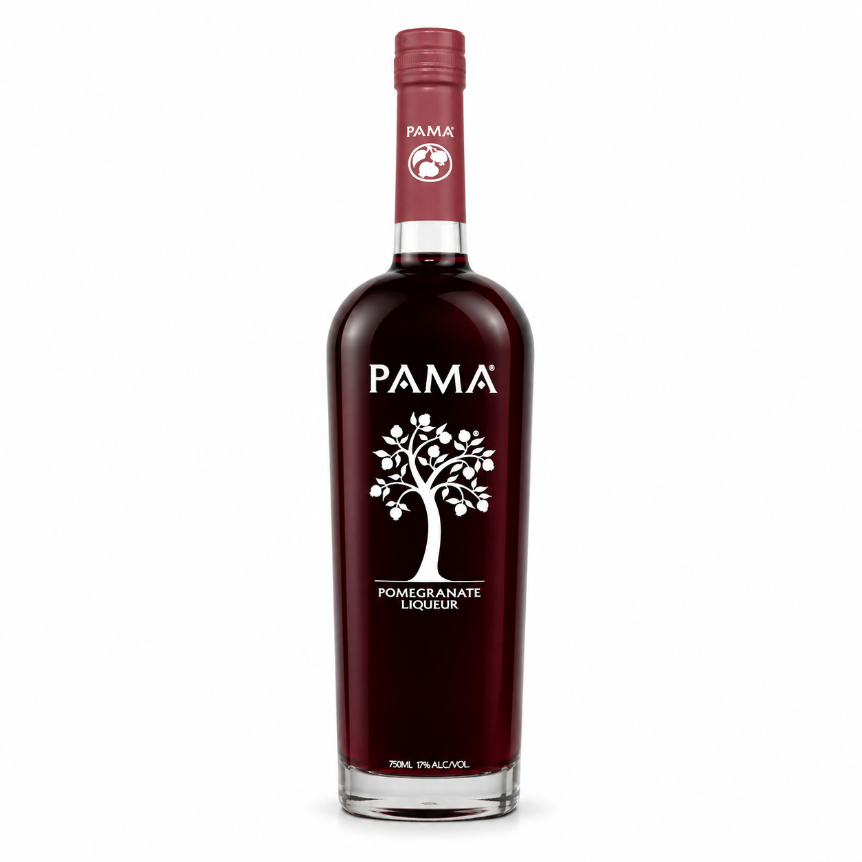 A bottle of PAMA Pomegranate Liqueur on a solid white background. The bottle is made of dark glass showing the deep red liquid inside, with a white tree logo and the brand name 'PAMA' in white on the front label.