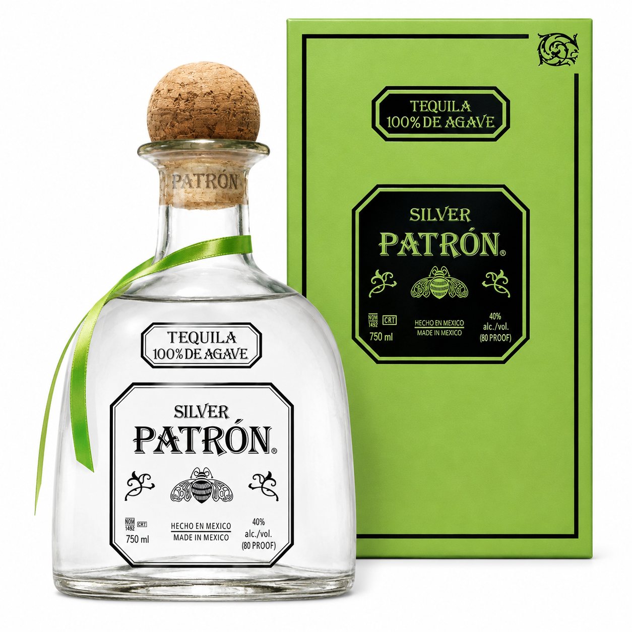 A bottle of Silver Patrón tequila with a cork stopper and green ribbon, shown in front of its bright green packaging box on a white background.