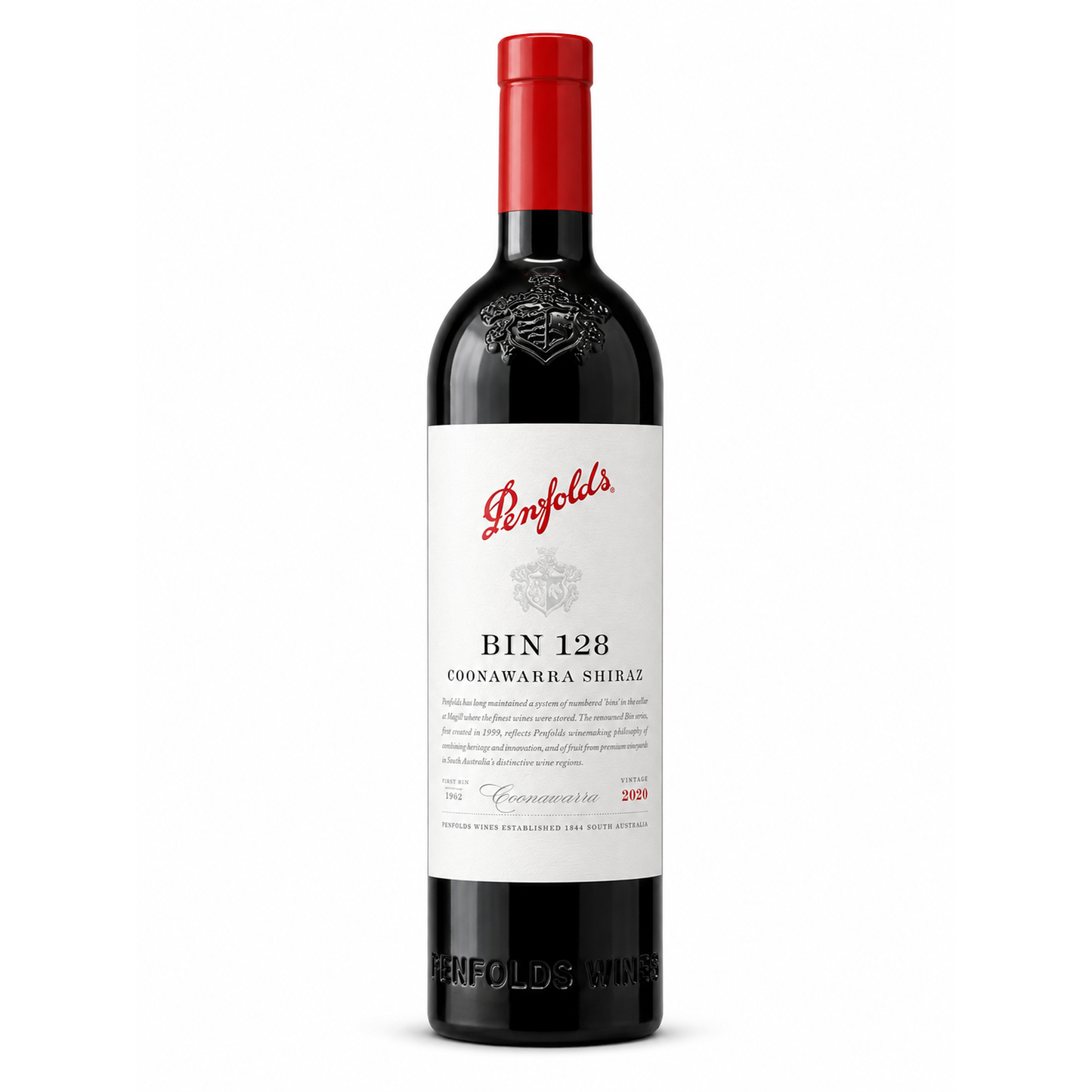 A bottle of Penfolds Bin 128 Coonawarra Shiraz red wine, featuring a dark glass bottle with a vibrant red foil capsule and a white label with red and black text.