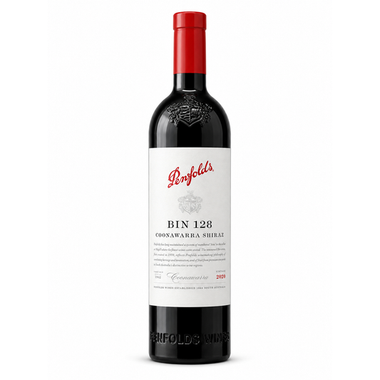A bottle of Penfolds Bin 128 Coonawarra Shiraz red wine, featuring a dark glass bottle with a vibrant red foil capsule and a white label with red and black text.