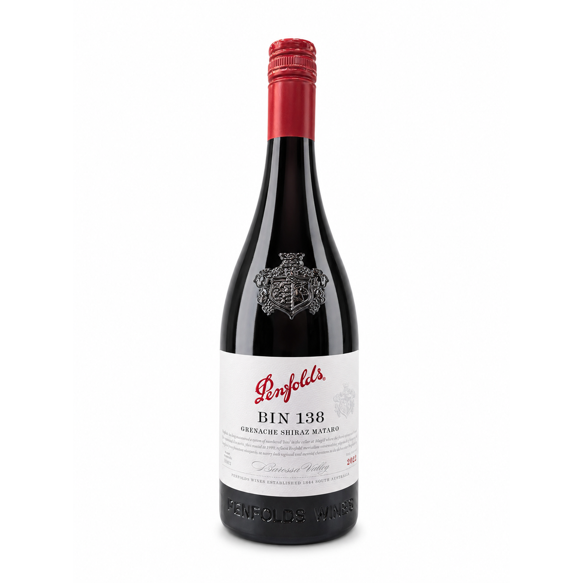 A bottle of Penfolds Bin 138 Grenache Shiraz Matador red wine, featuring a dark glass bottle, a red foil top, and a white label with red and black text, set against a plain white background.