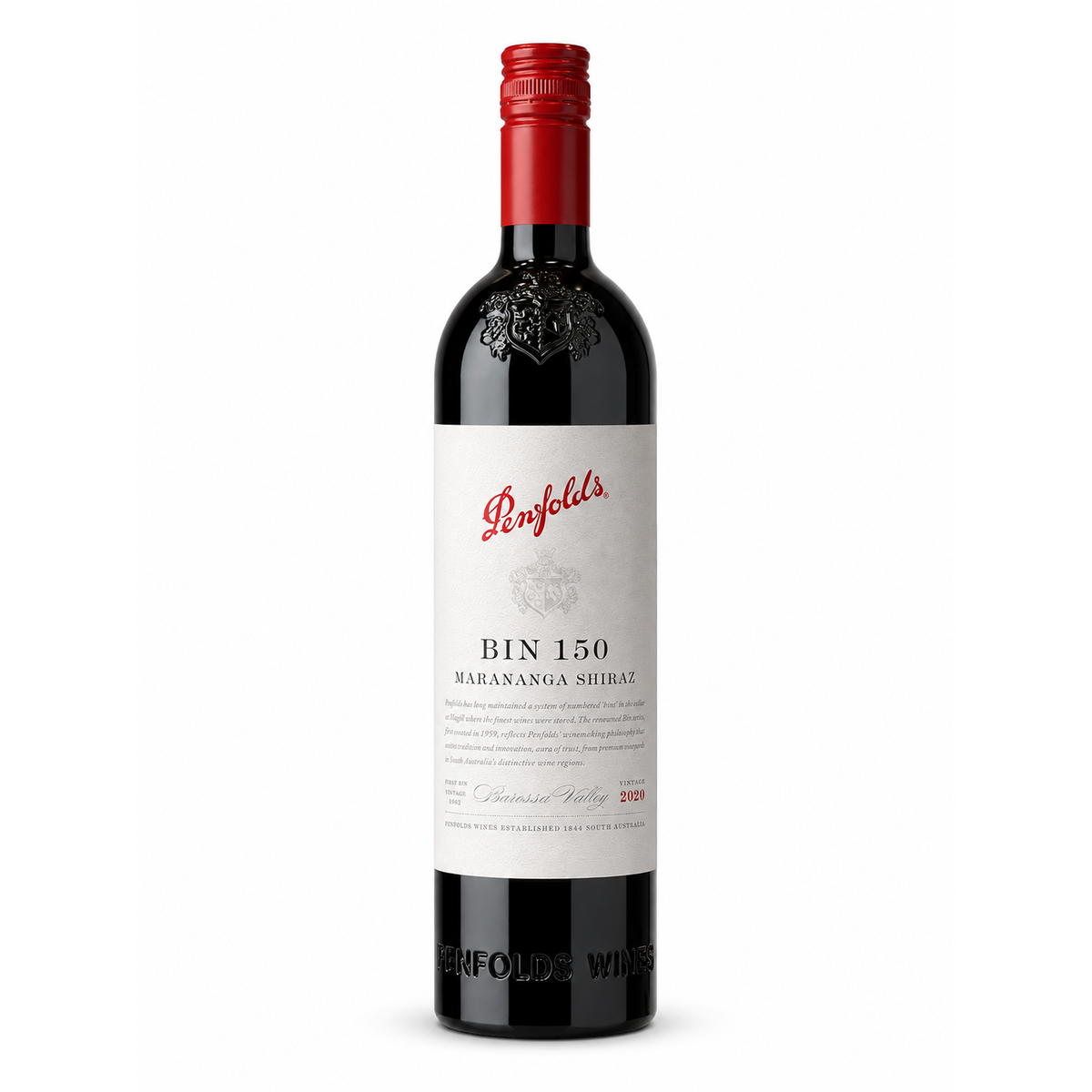 A bottle of Penfolds Bin 150 Marananga Shiraz red wine, featuring a dark glass bottle, a white label with red and black text, and a red screw cap, set against a plain white background.