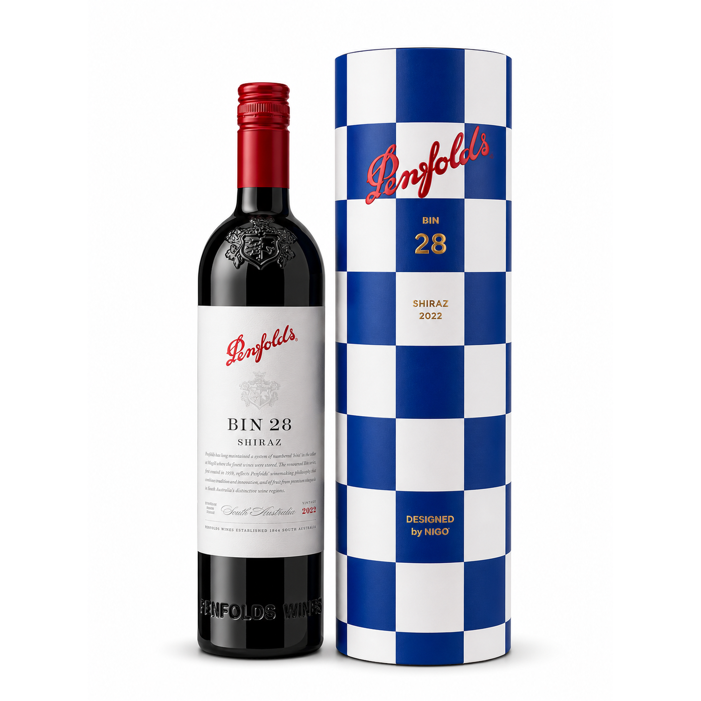 A bottle of Penfolds Bin 28 Shiraz 2022 next to its cylindrical packaging tube, which features a blue and white checkered pattern with the Penfolds logo.