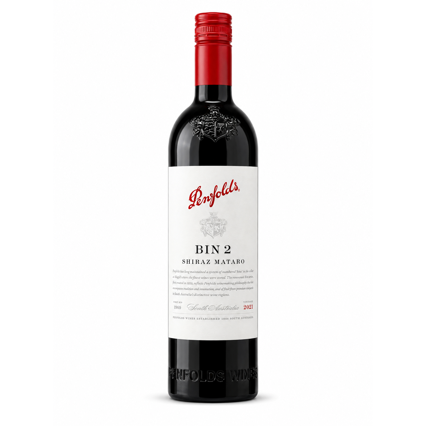 A bottle of Penfolds Bin 2 Shiraz Mataro red wine, featuring a dark glass bottle with a red screw cap and a white label with red and black text, set against a plain white background.
