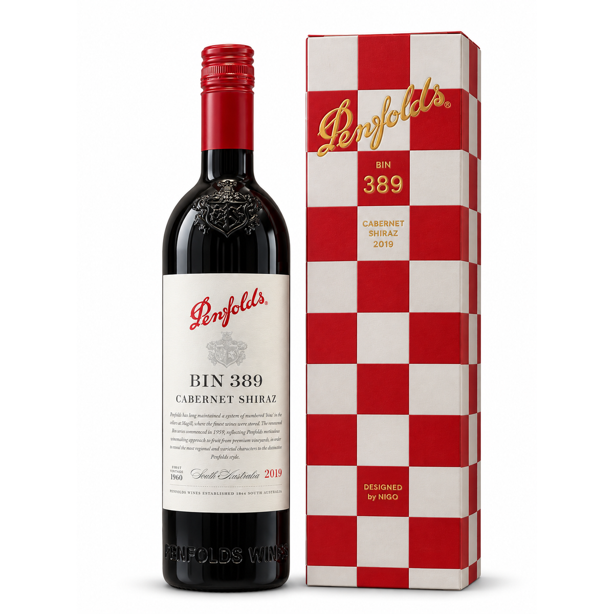 A bottle of Penfolds Bin 389 Cabernet Shiraz next to its distinctive red and white checkered gift box with gold script branding, on a clean white background.