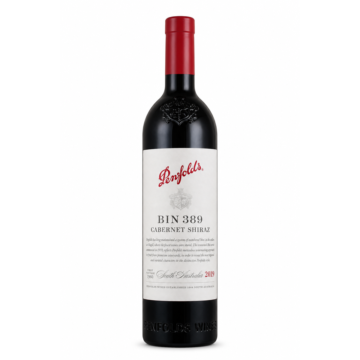 A bottle of Penfolds Bin 389 Cabernet Shiraz red wine, featuring a white label with red and black text, a red wax seal, and a dark glass bottle with a red foil cap, set against a plain white background.