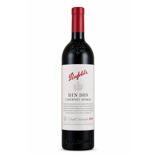 A bottle of Penfolds Bin 389 Cabernet Shiraz red wine, featuring a white label with red and black text, a red wax seal, and a dark glass bottle with a red foil cap, set against a plain white background.
