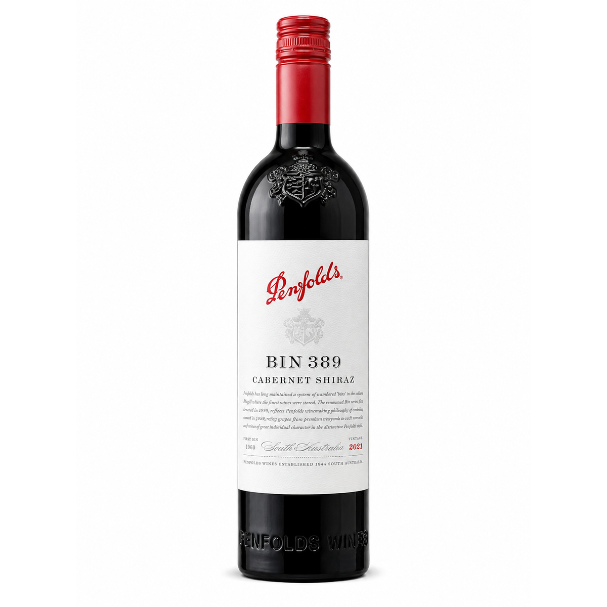 A bottle of Penfolds Bin 389 Cabernet Shiraz red wine, featuring a white label with red script branding and a red foil cap, set against a plain white background.