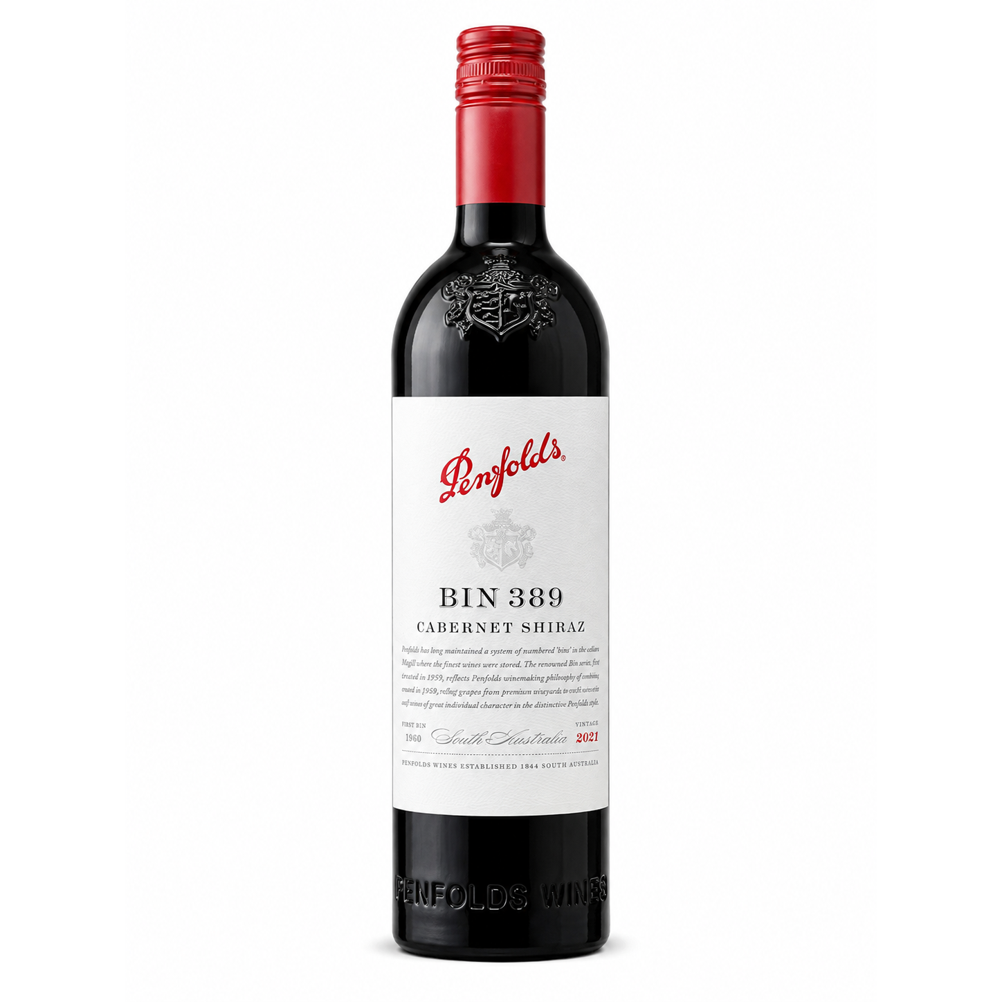 A bottle of Penfolds Bin 389 Cabernet Shiraz red wine, featuring a white label with red script branding and a red foil cap, set against a plain white background.