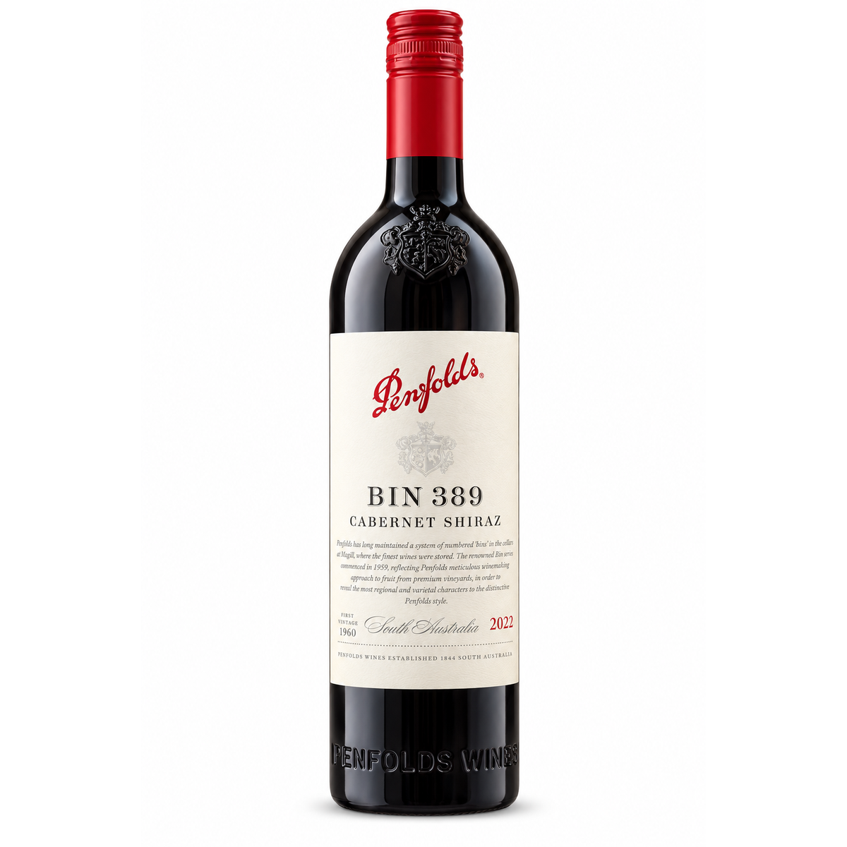 A bottle of Penfolds Bin 389 Cabernet Shiraz red wine, featuring a dark glass bottle with a red screw cap and a cream-colored label with red and black text, set against a plain white background.