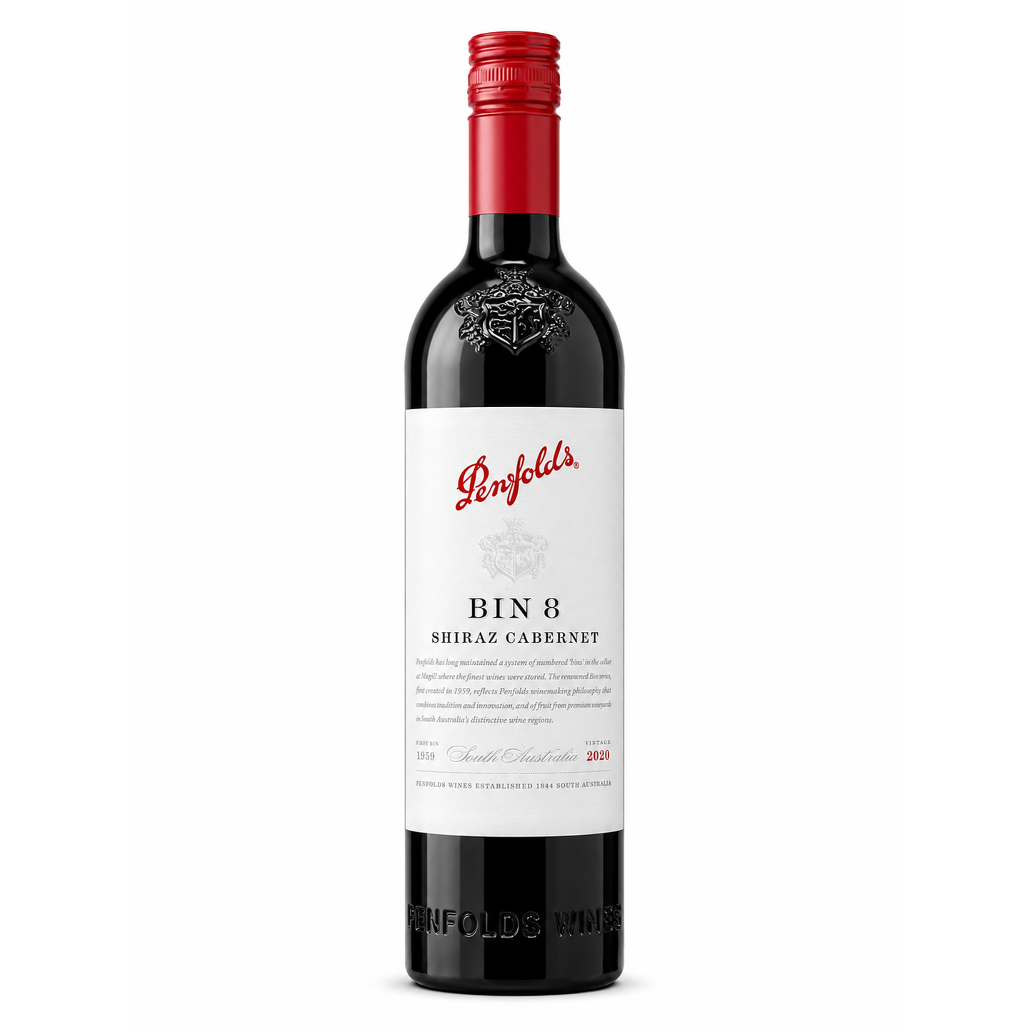 A bottle of Penfolds Bin 8 Shiraz Cabernet red wine, featuring a white label with red script branding and a red foil cap, set against a plain white background.