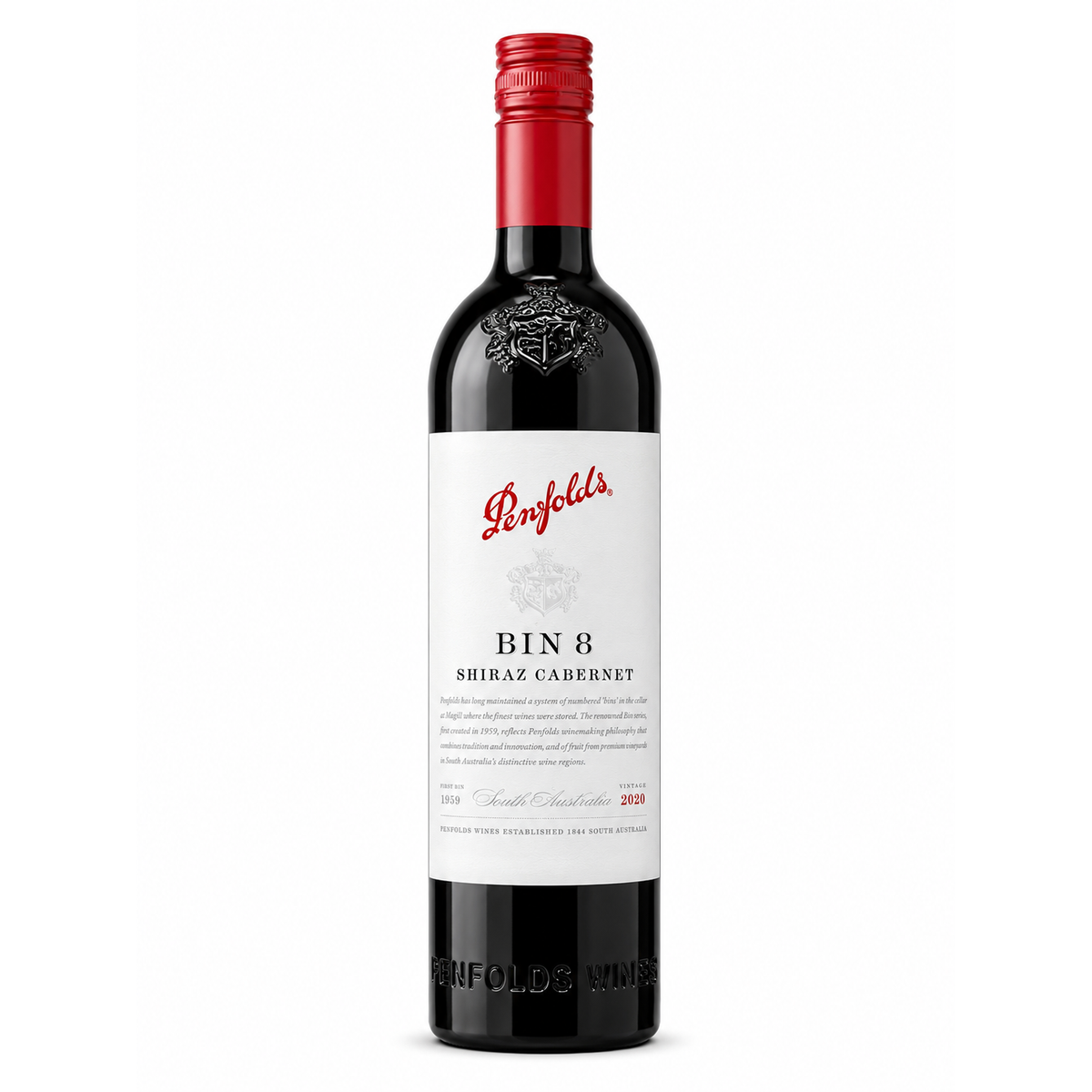 A bottle of Penfolds Bin 8 Shiraz Cabernet red wine, featuring a white label with red script branding and a red foil cap, set against a plain white background.