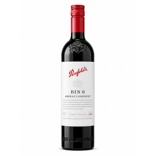 A bottle of Penfolds Bin 8 Shiraz Cabernet red wine, featuring a white label with red script branding and a red foil cap, set against a plain white background.