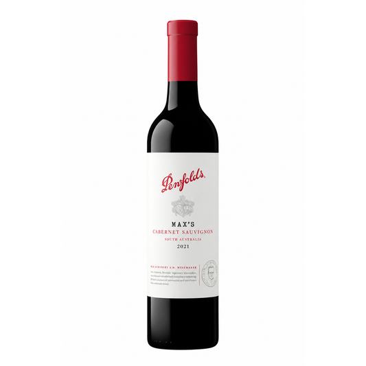 A bottle of Penfolds Max's Cabernet Sauvignon from South Australia, 2021, featuring a dark glass bottle with a red foil capsule and a white label with red and gray text.