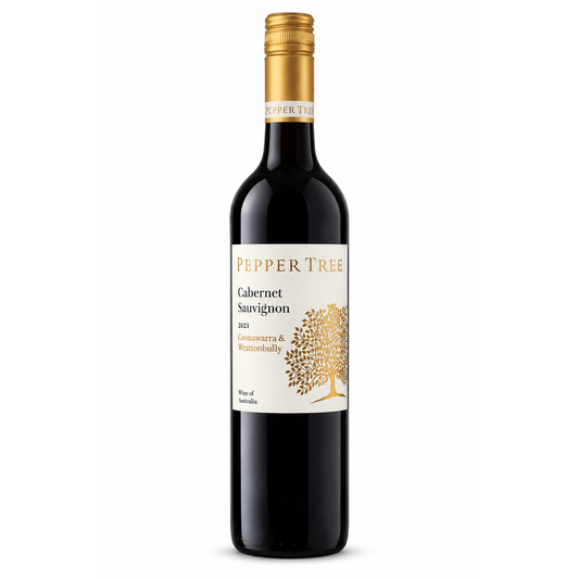 A bottle of Pepper Tree Cabernet Sauvignon 2021 from the Conmontra & Watsonbeltty Winery, featuring a dark glass bottle with a gold foil cap and a cream-colored label with a gold tree graphic.
