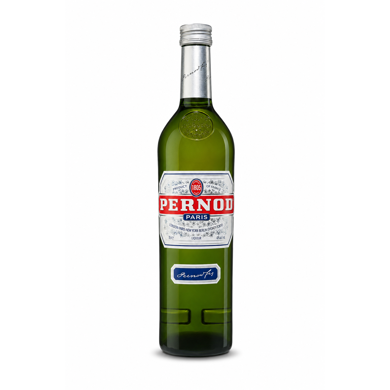 A green glass bottle of Pernod Paris cognac with a white, red, and blue label, sealed with a silver cap, on a white background.