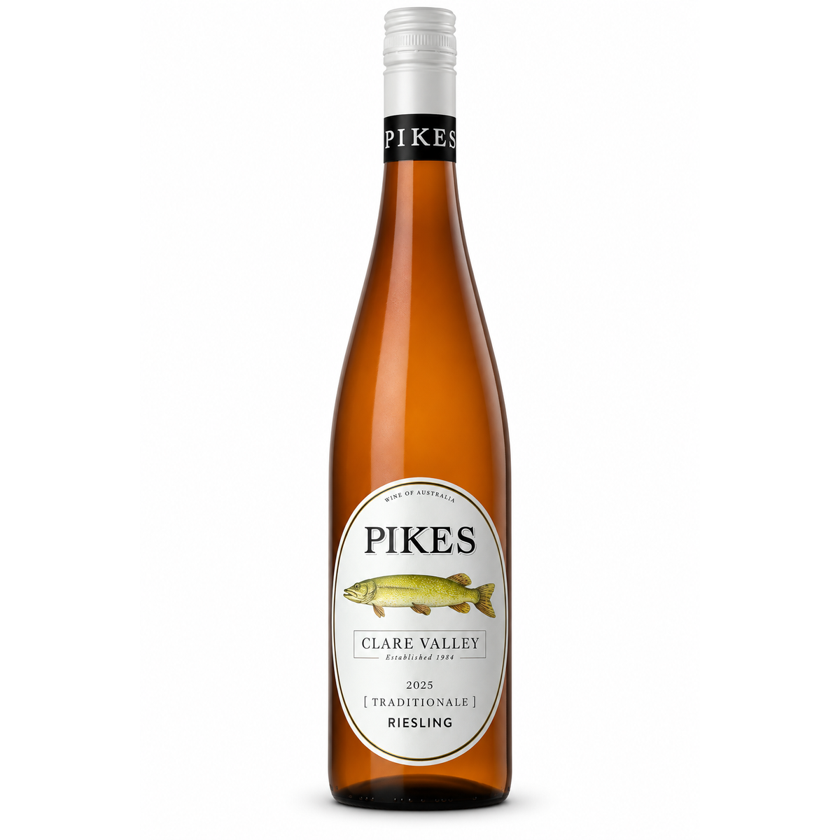 A bottle of Pikes Clare Valley Riesling, featuring an amber glass bottle with a white label and a silver screw cap, set against a plain white background.