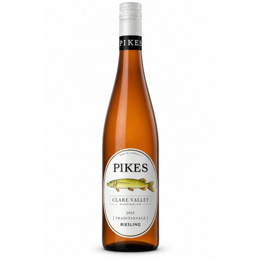 A bottle of Pikes Clare Valley Riesling, featuring an amber glass bottle with a white label and a silver screw cap, set against a plain white background.