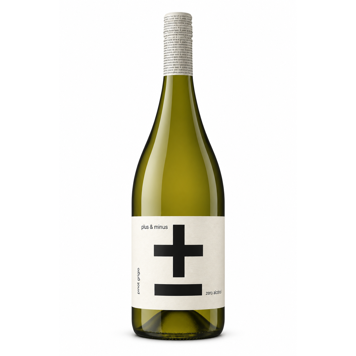 A bottle of Plus & Minus Zero Alcohol wine, featuring a olive green glass bottle with a cream-colored label and a black geometric cross logo, set against a plain white background.