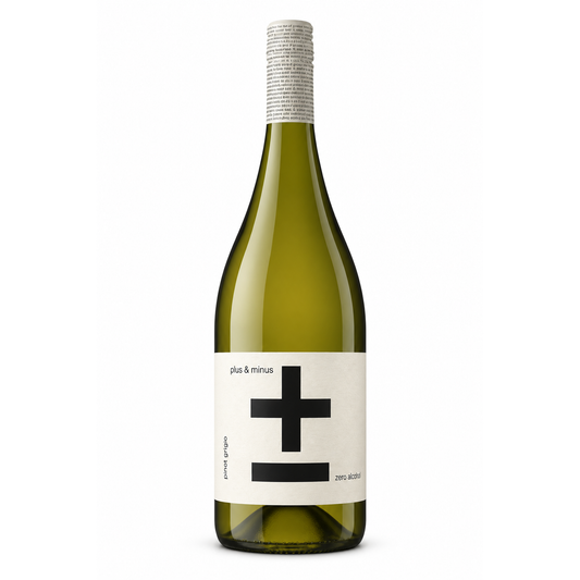 A bottle of Plus & Minus Zero Alcohol wine, featuring a olive green glass bottle with a cream-colored label and a black geometric cross logo, set against a plain white background.