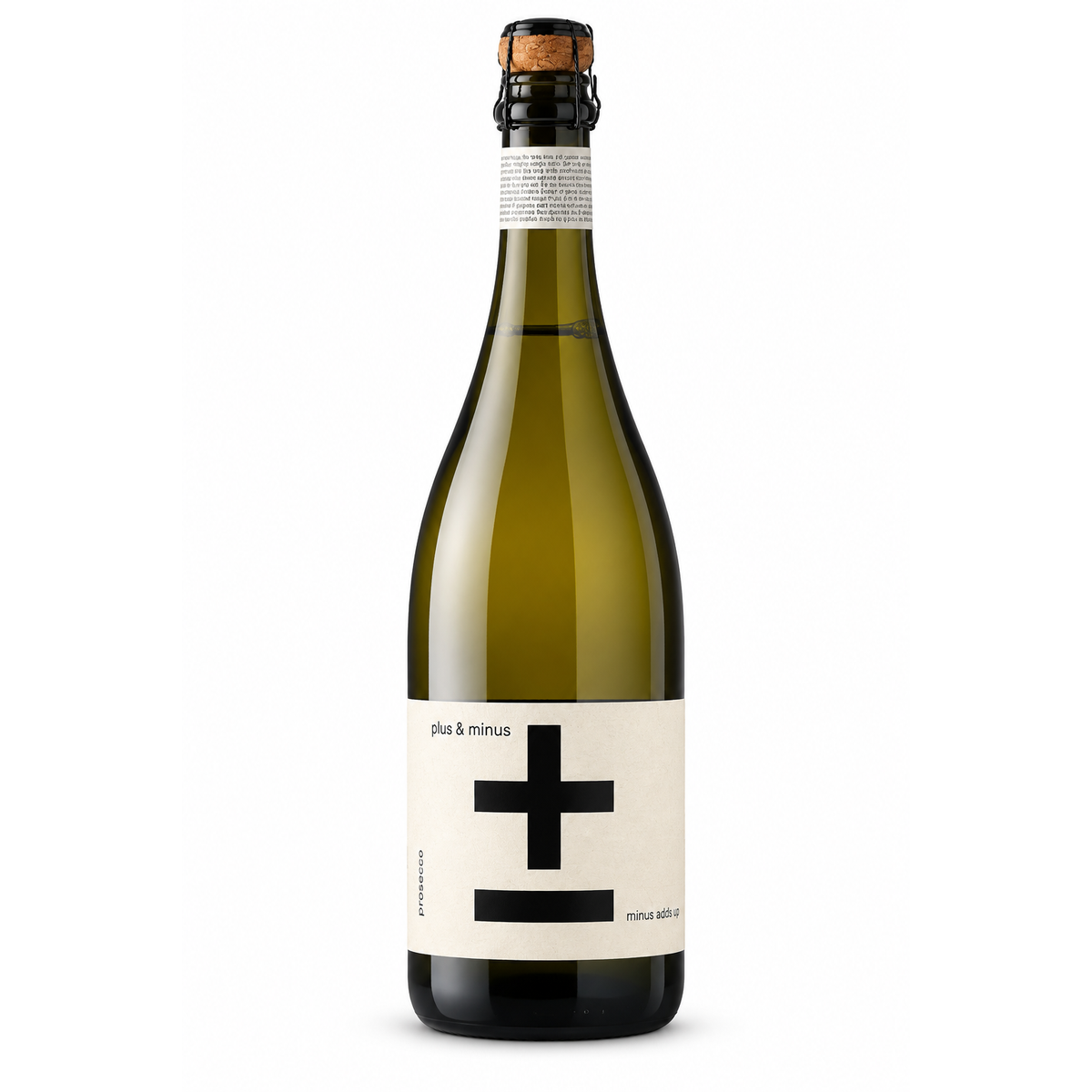 A bottle of  Plus & Minus alchohol free Prosecco, featuring a white label with a bold black cross design and a dark olive-green glass bottle, sealed with a cork and wire cap.