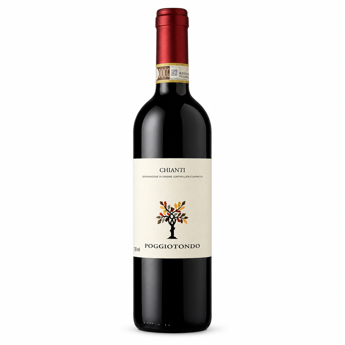 A bottle of Poggio Tondo Chianti red wine, featuring a dark glass bottle with a cream-colored label and a metallic red foil capsule at the neck, set against a plain white background.