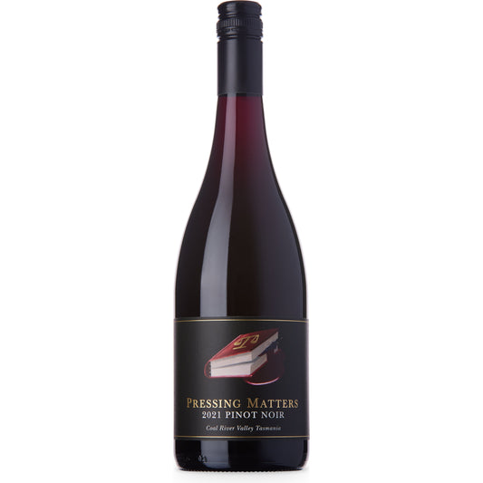 A bottle of 2019 Pressing Matters Pinot Noir wine with a label that includes the wine variety and the name of the winery.