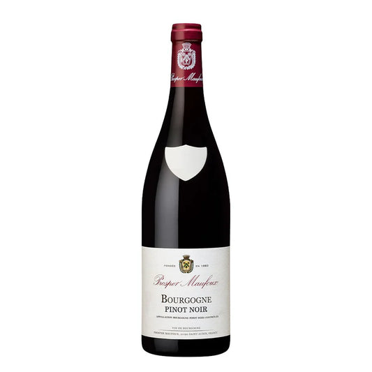 Bottle of Prosper Maufoux Bourgogne Pinot Noir wine with a red label on a white background