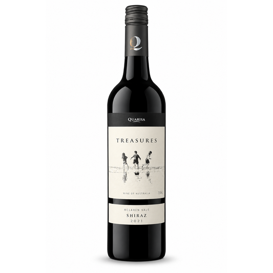 A bottle of Quarisa Treasures Shiraz 2021 red wine, featuring a black glass bottle with a cream-colored label and a black screw cap, set against a plain white background.