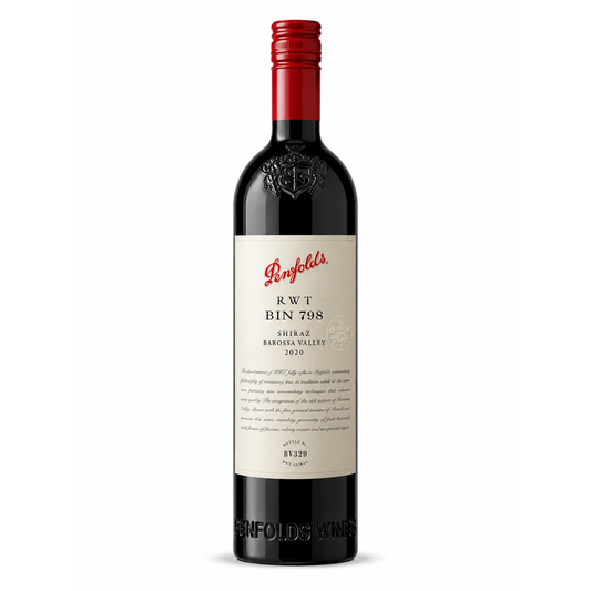 A bottle of Penfolds RWT Bin 798 Shiraz from the Barossa Valley 2020, featuring a dark glass bottle with a cream-colored label and a red screw cap, set against a plain white background.