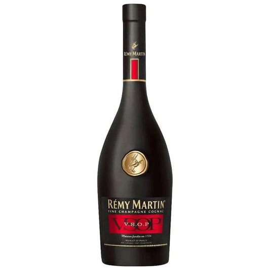 A bottle of Remy Martin VSOP 700ml Cognac with a black and red label, featuring the brand's gold emblem.