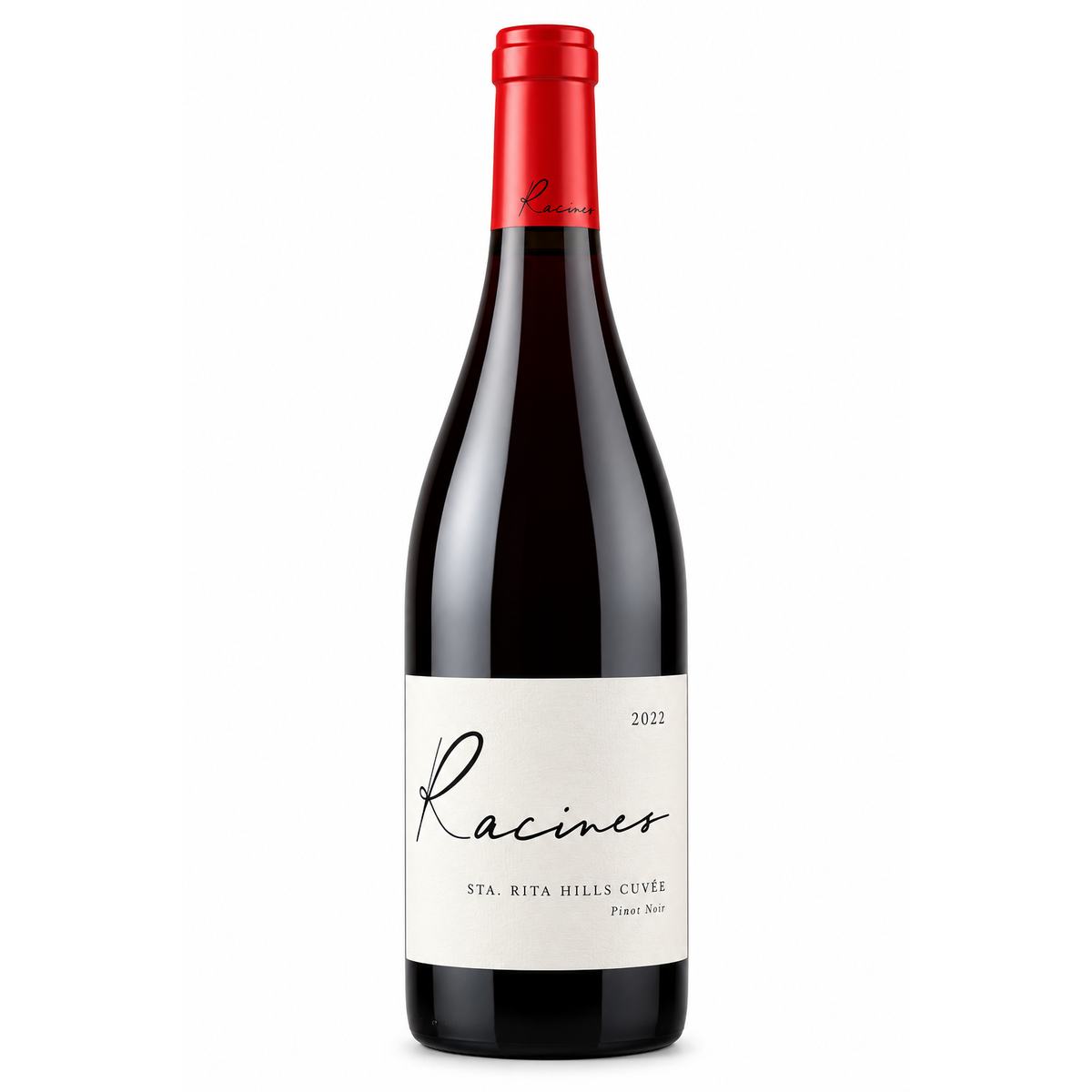 A bottle of Racines Sta. Rita Hills Cuvée Pinot Noir, red wine featuring a dark glass bottle with a white label and a bright red foil capsule on the neck, set against a plain white background.