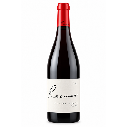 A bottle of Racines Sta. Rita Hills Cuvée Pinot Noir, red wine featuring a dark glass bottle with a white label and a bright red foil capsule on the neck, set against a plain white background.