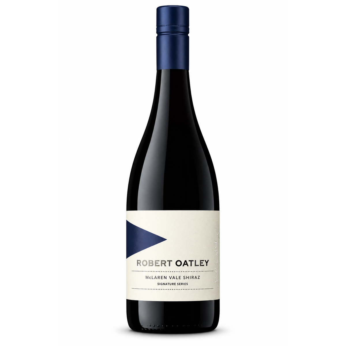 A bottle of Robert Oatley Milaren Vale Shiraz Signature Series red wine, featuring a dark glass bottle with a dark blue foil cap and a cream-colored label with a blue geometric accent.