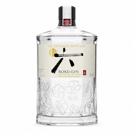A 70cl bottle of Roku Gin Japanese Craft Gin, featuring a clear glass bottle with floral embossing, a cream-colored label with black and gold graphics, and a black cap with a red seal.