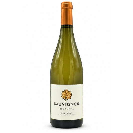 A bottle of Rouquet's Sauvignon white wine with a green glass body, a cream-colored label with a gold leaf logo, and a gold foil capsule at the neck, set against a plain white background.
