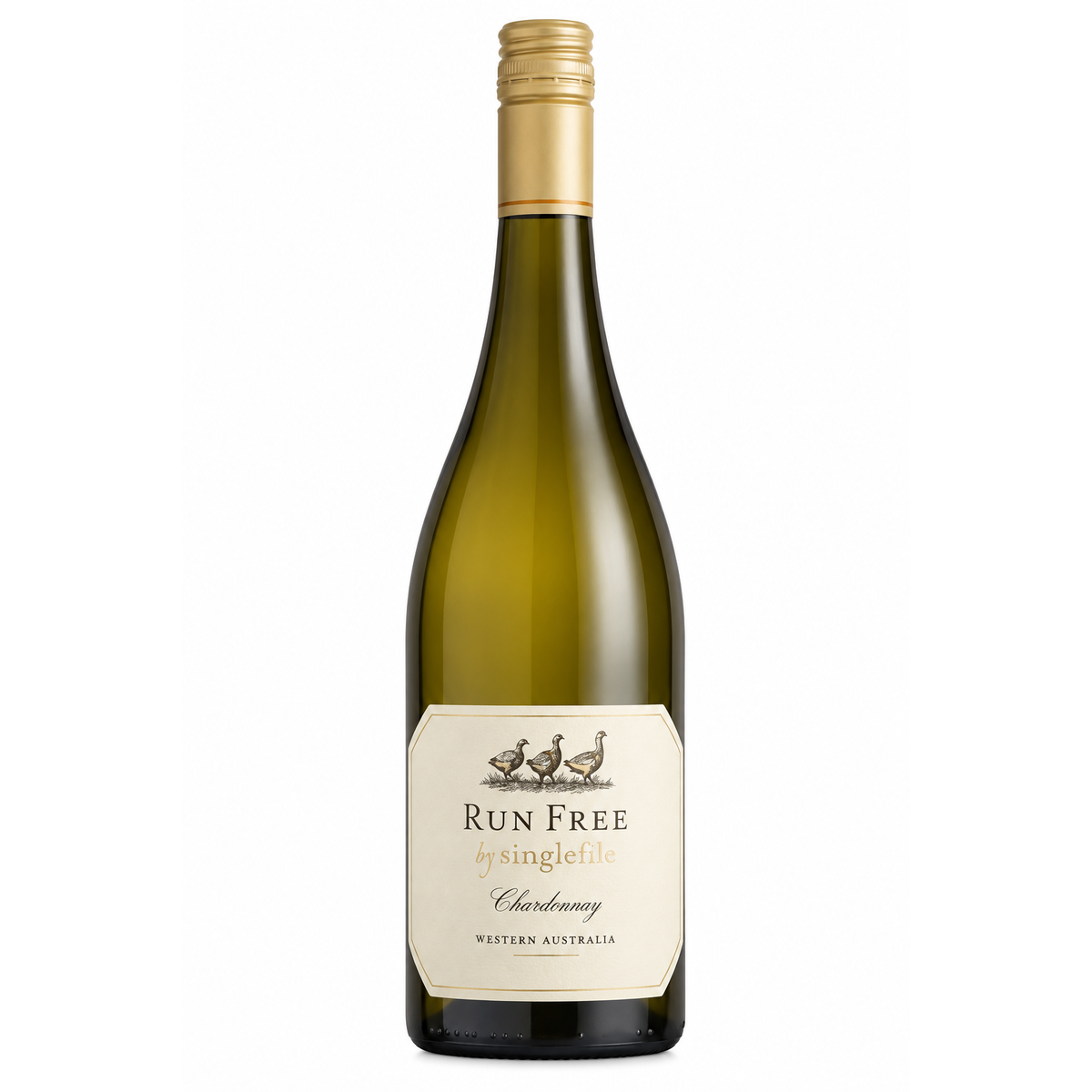 A bottle of Run Free by Singlefile Chardonnay Western Australia white wine, featuring a dark green glass bottle with a gold foil capsule and a cream-colored label.