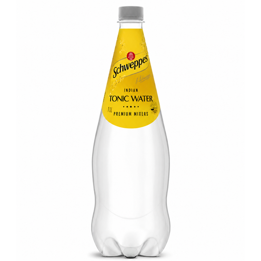 A 1.1L plastic bottle of Schweppes Indian Tonic Water with a yellow label and gray cap, isolated on a white background.