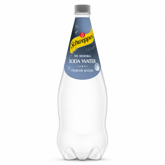 A 1.1L clear plastic bottle of Schweppes The Original Soda Water with a blue and yellow label, centered on a white background.
