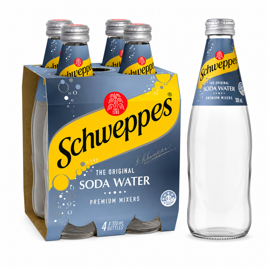 A four-pack of Schweppes The Original Soda Water premium mixers bottles in a blue cardboard carrier, shown next to a single tall clear glass bottle on a white background.