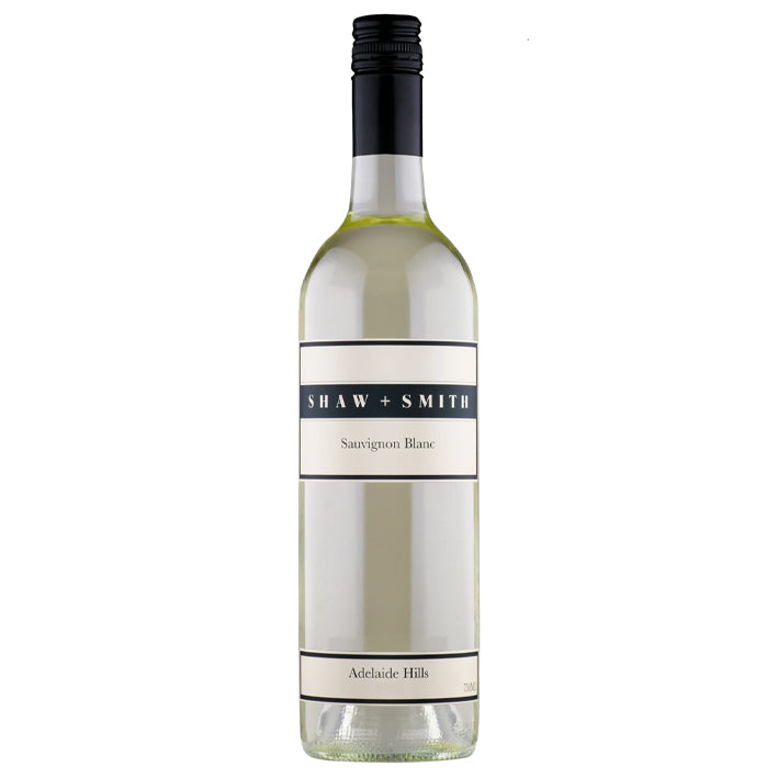 A bottle of Shaw & Smith Sauvignon Blanc wine with a white label on a plain background.