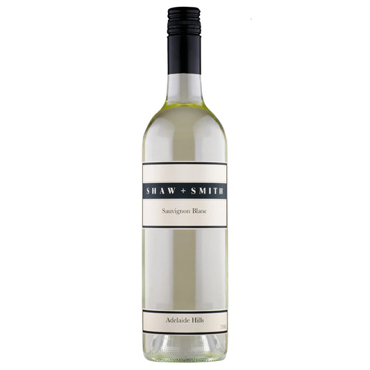A bottle of Shaw & Smith Sauvignon Blanc wine with a white label on a plain background.