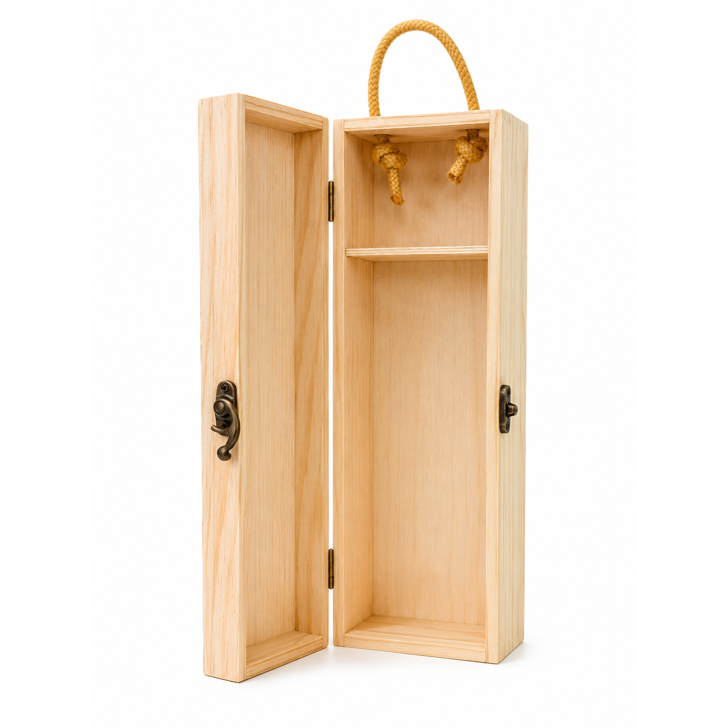 A light natural wood wine bottle carrier box with an open front door, a top rope handle, a single internal shelf, and small dark metal latch details, shown on a white background.