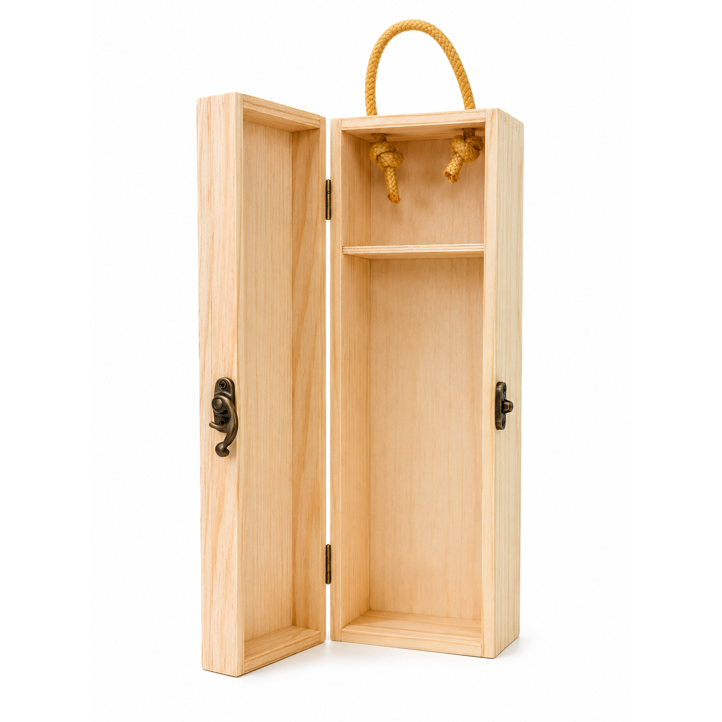 A light natural wood wine bottle carrier box with an open front door, a top rope handle, a single internal shelf, and small dark metal latch details, shown on a white background.