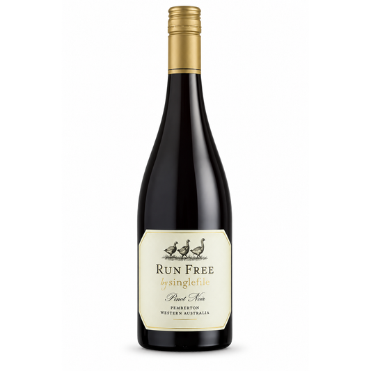 A bottle of Run Free by singlefillt Pinot Noir red wine from Fabertown, Western Australia, featuring a dark glass bottle with a gold foil capsule and a cream-colored label.