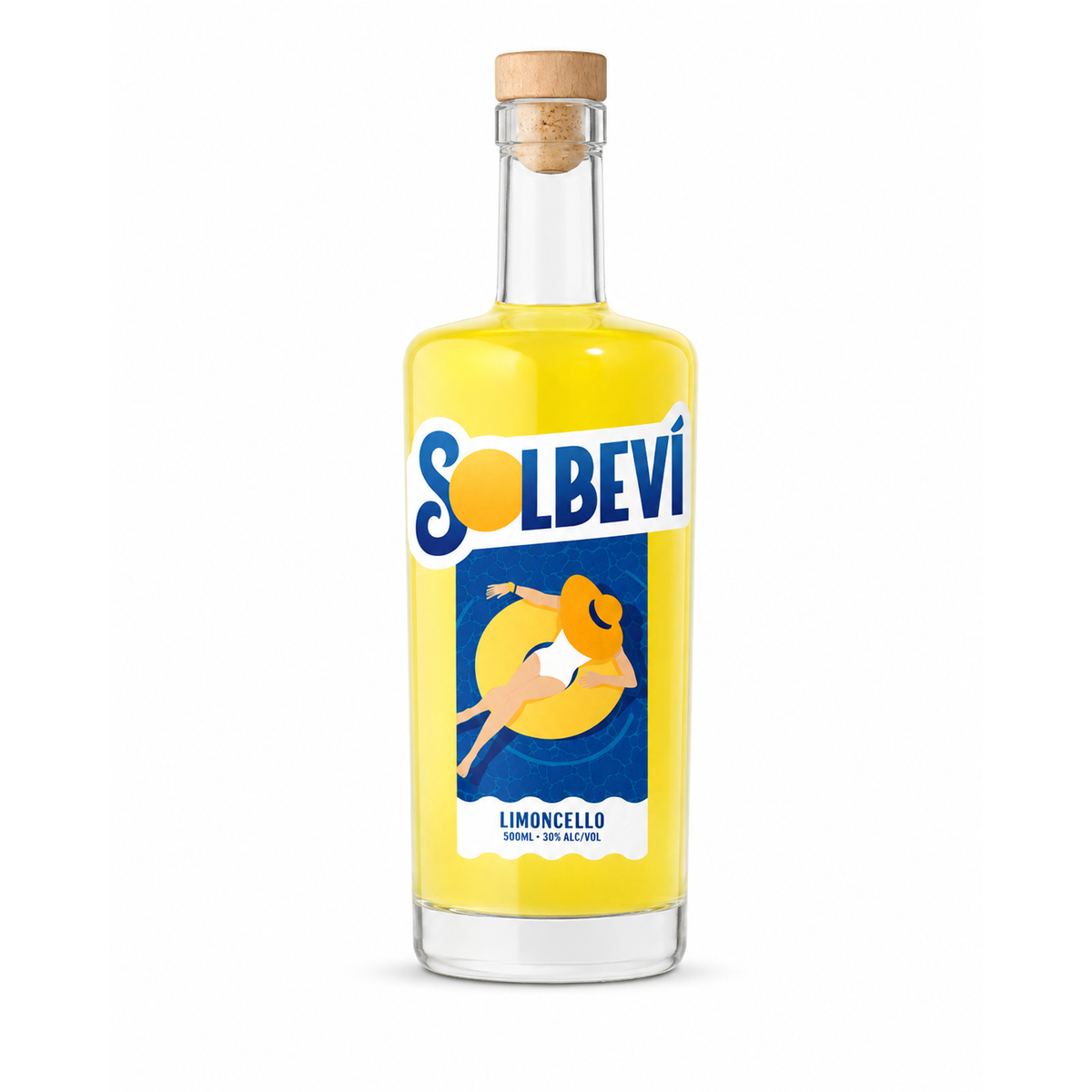 A bottle of Solbevi Limoncello liqueur-alcohol with a cork stopper, featuring a bright yellow liquid and a retro-style label with a woman on a yellow sun.