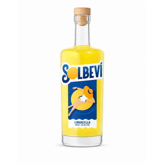 A bottle of Solbevi Limoncello liqueur-alcohol with a cork stopper, featuring a bright yellow liquid and a retro-style label with a woman on a yellow sun.